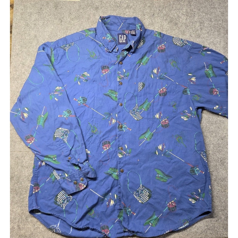 Vintage GAP Fishing Fisherman Print Button Down Mens Shirt Rod Reel Tackle Sz XL
